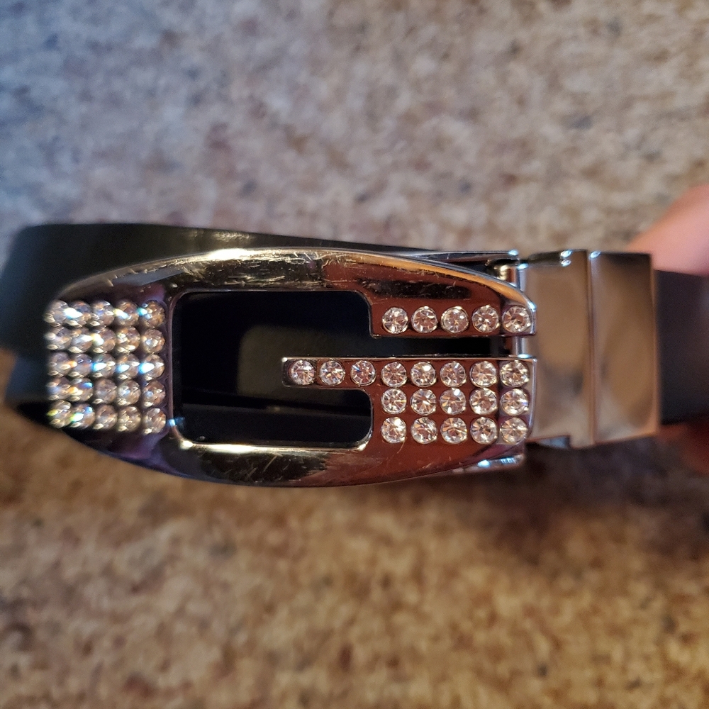 Y2K Guess G Sparkle Buckle Belt Faux Leather Small